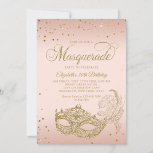 Foto Blush Pink Gold Glitter Maskenball Geburtstag Einladung