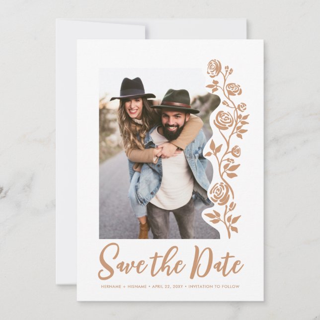 Foto Boho Earthy Hand Drawing Rose QR-Code Website Save The Date (Vorderseite)