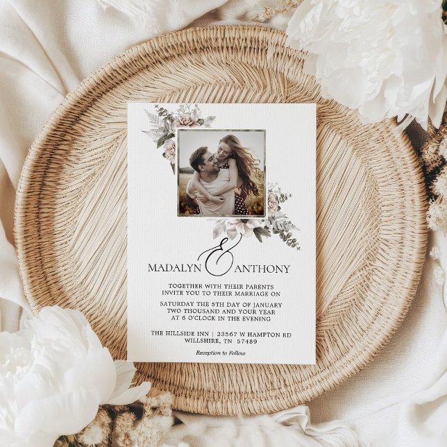Foto Boho Floral Watercolor Hochzeit Einladung (Photo Boho Floral Watercolor Wedding Invitation)