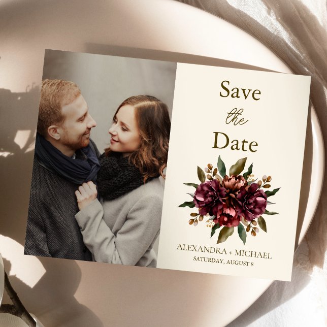 Foto Boho Herbst Burgund Blumenhochzeit Save The Date (Von Creator hochgeladen)