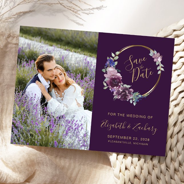 Foto Boho Lila Floral Gold Blank Save the Date Postkarte (Von Creator hochgeladen)