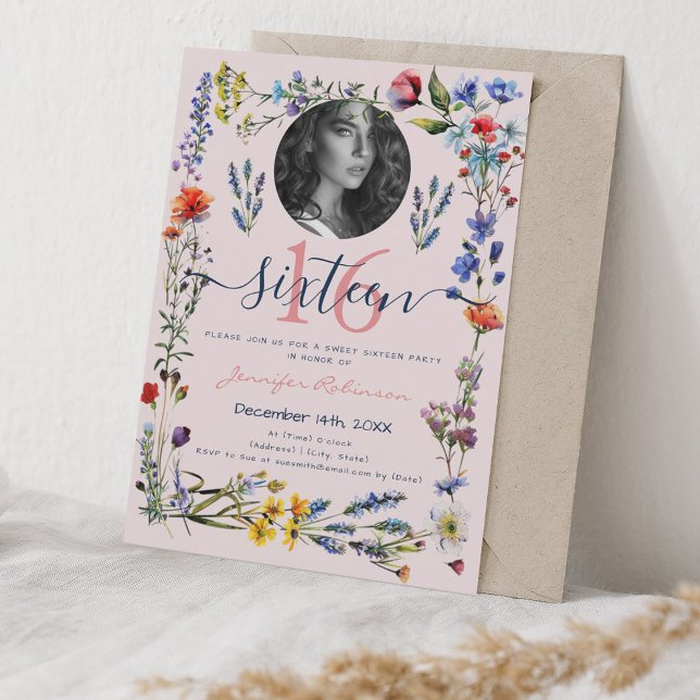 FOTO Boho Pressed Wildblumen Sweet 16 Blush Einladung (PHOTO Boho Pressed Wildflowers Sweet 16 Blush Invitation)