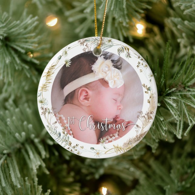 Foto Boho Wildblume Baby Girl's First Christmas Keramik Ornament (Baum)
