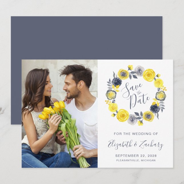 Foto Boho Yellow Grey Floral Wreath Save the Date Einladung (Vorne/Hinten)