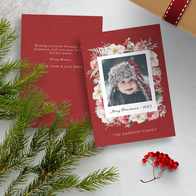 Foto Botanische Weihnachtskarte Feiertagskarte (Red Merry Christmas Photo Holiday Card with Elegant Watercolor Botanical Florals Berries)