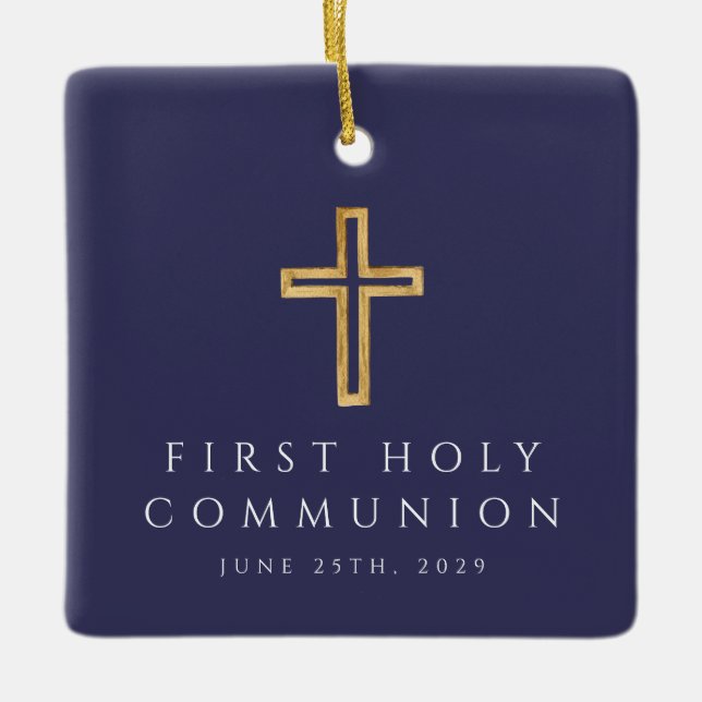 Foto Boy Religious Cross Blue First Communion Keramikornament (Vorderseite)