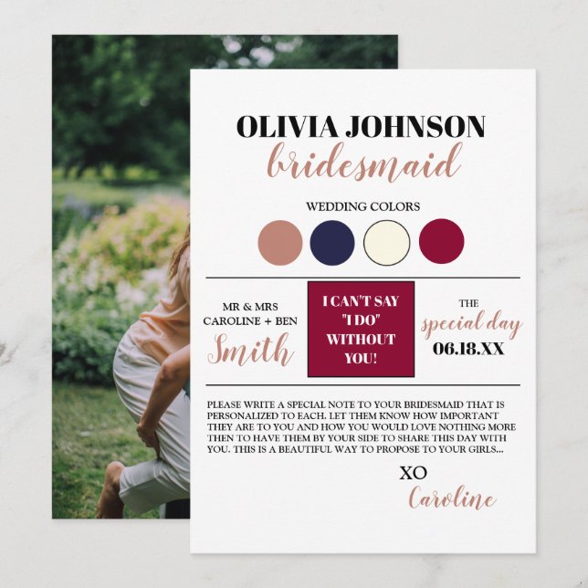 Foto Bridesmaid Vorschlag Info Card Einladung (Vorne/Hinten)