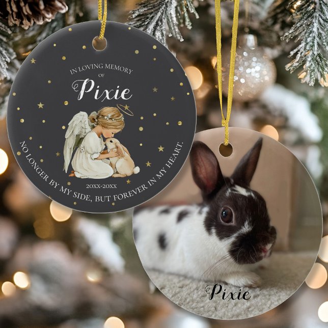 Foto Bunny Pet Memorial Keramik Ornament (Bunny Rabbit Memorial Ornament with Angel)
