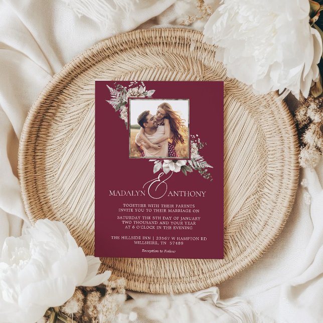 Foto Burgundy Boho Wasserfarbenhochzeit Einladung (Photo Burgundy Boho Floral Watercolor Wedding Invitation)
