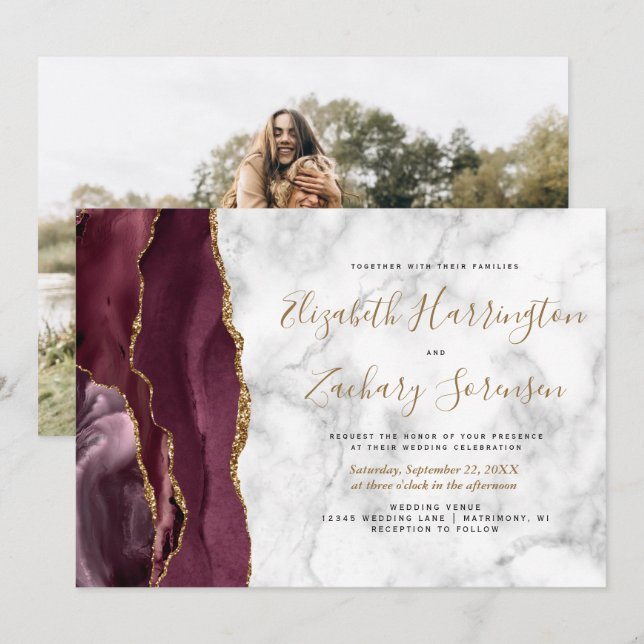 Foto Burgundy Gold Agate Marble Wedding Einladung (Vorne/Hinten)