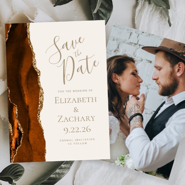Foto Burnt Orange Agate Ivory Save the Date Einladung (Von Creator hochgeladen)