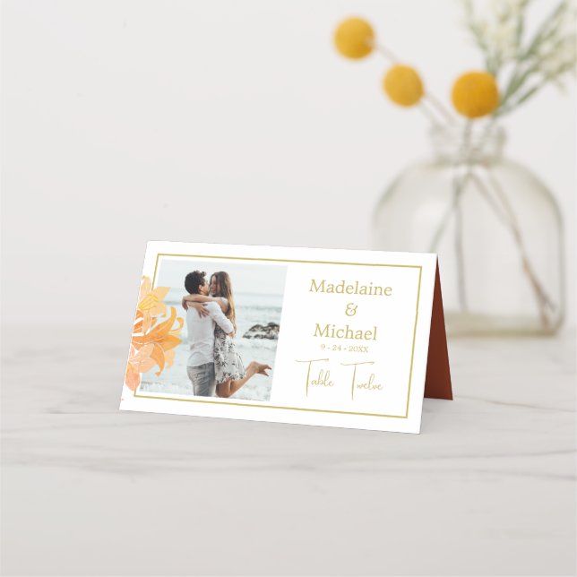 Foto Burnt Orange Elegant Hochzeit Tischnummer Platzkarte (Vorderseite)