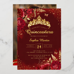 Foto Butterfly Red Gold Floral Quinceanera Folieneinladung
