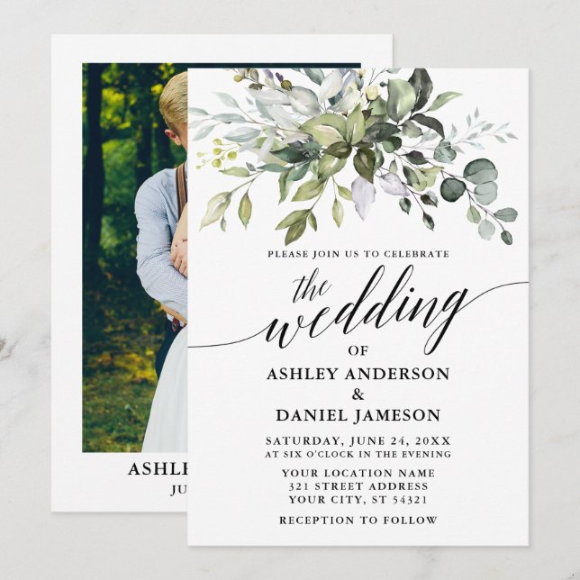 Foto Calligrafie Hochzeit von Aquarellfarben Einladung (Vorne/Hinten)