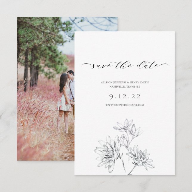 Foto Calligraphy Floral Wedding Save the Date (Vorne/Hinten)