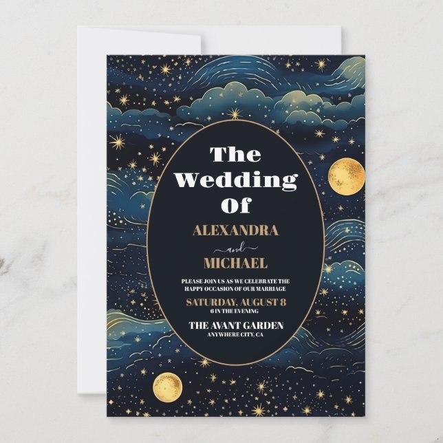 Foto Celestial Midnight Blue Stars Moon Wedding Einladung (Vorderseite)