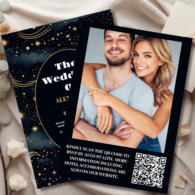 Foto Celestial Midnight Blue Stars Moon Wedding Einladung (Von Creator hochgeladen)