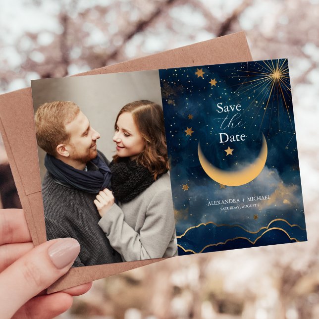 Foto Celestial Midnight Blue Stars Moon Wedding Save The Date (Von Creator hochgeladen)