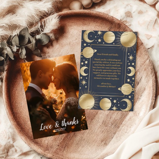 Foto Celestial Navy Gold Crescent Moon Hochzeit Dankeskarte (Von Creator hochgeladen)