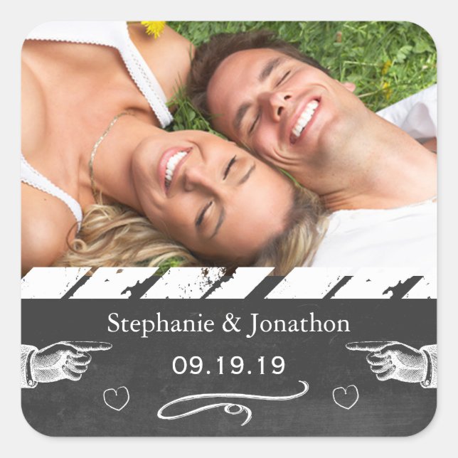 Foto Chalkboard Hochzeit Speichern Sie das Date-Si Quadratischer Aufkleber (Vorderseite)