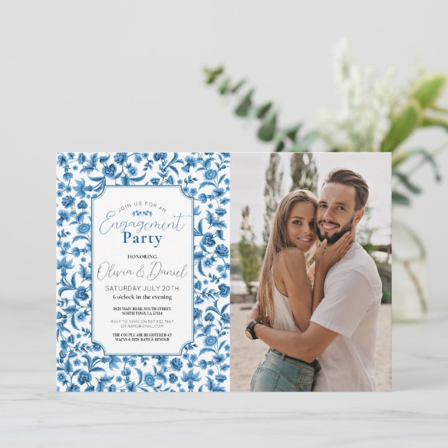 Foto Chintz Blue Floral Ditsy Einladung (Stehend Vorderseite)