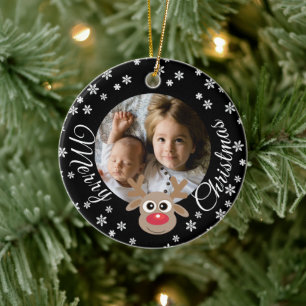 Foto Christmas Black Niedlich Rentier Weiße Schrif Keramik Ornament