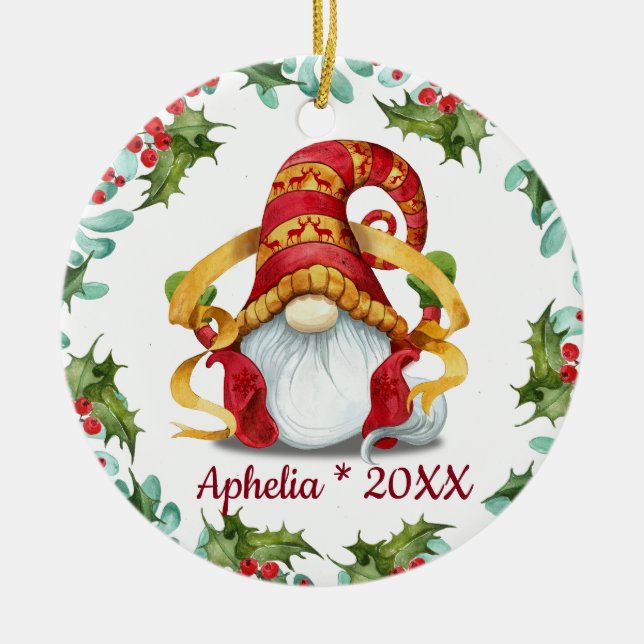 FOTO Christmas Gnomes Holly Berry Wreath Holiday Keramik Ornament (Vorne)