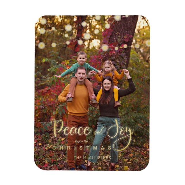 Foto Christmas Lights Peace Joy Whimsical Script Magnet (Vertikal)