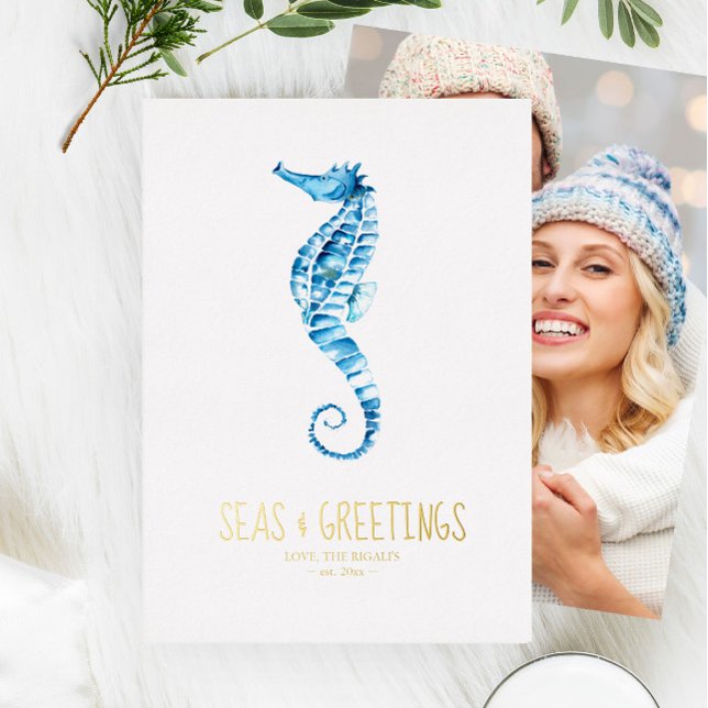 Foto Coastal Weihnachtskarten Folien Feiertagskarte (Coastal holiday cards unique blue watercolor seahorse art by Victoria Grigaliunas of Do Tell A Belle)