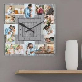 Foto Collage 16 Bild Grau Holz nummeriert Quadratische Wanduhr