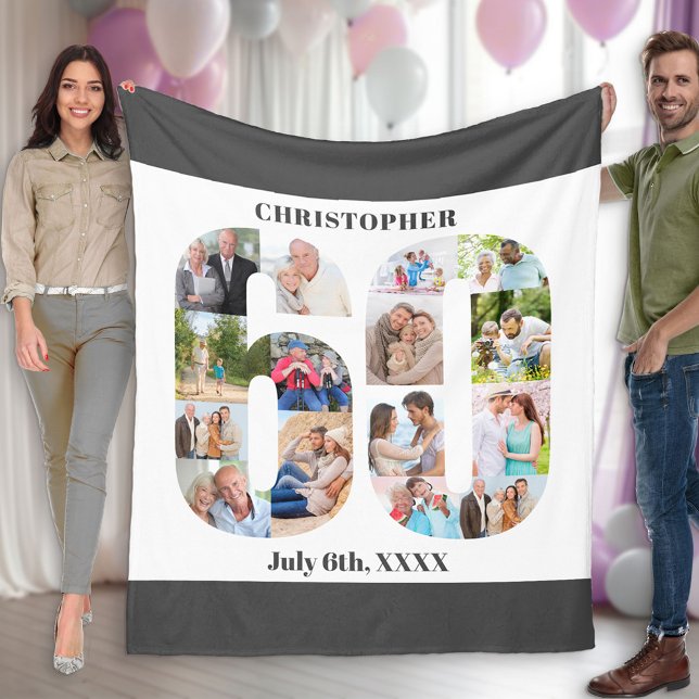 Foto Collage 60. Geburtstag Graues weißes Bild Fleecedecke (Von Creator hochgeladen)