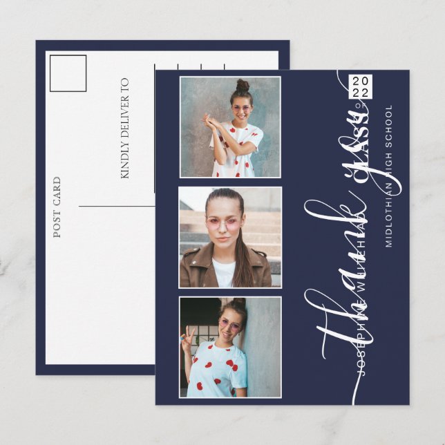 Foto Collage Abschluss 2022 Vielen Dank Navy Blue Postkarte (Vorne/Hinten)