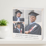 Foto Collage Abschluss Holzkisten Schild<br><div class="desc">Abschluss halten Holzkastenschild,  um den Absolvent zu feiern mit einer drei-Foto-Collage und seinen Namen,  Klassenjahr und Schule in eleganter moderner Typografie.</div>