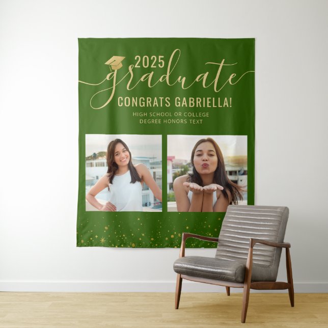 Foto Collage Abschluss Stand Grüner Hintergrund Wandteppich (Beispiel)