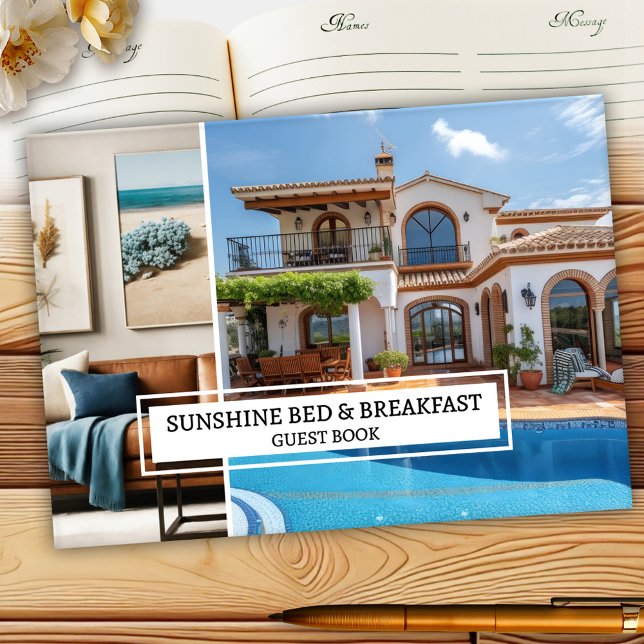 Foto Collage Bed and Breakfast Gästebuch (Bed and breakfast guest book featuring your custom photos in a photo grid on front and back)