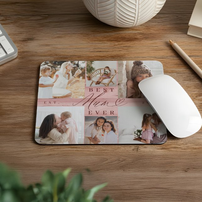 Foto Collage Beste Mama-Familie Rosa Holzkörner Mousepad (Best Mum Ever Family Photo Collage Pink Woodgrain Mouse Pad)