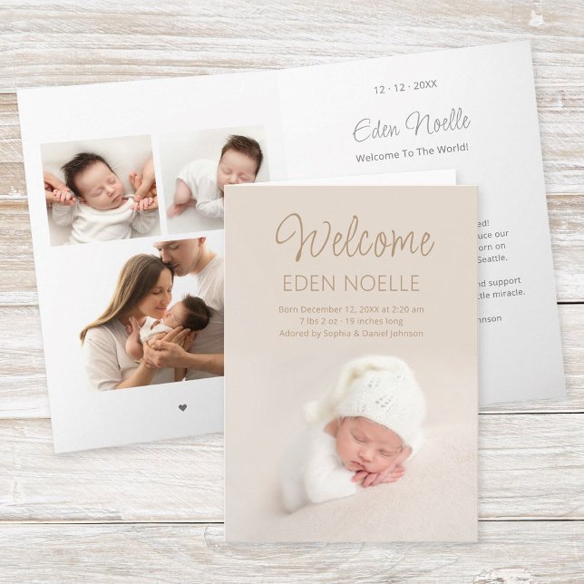 Foto Collage Birth Ankündigung Faltkarte (Brown elegant script, folded baby birth announcement card with 3 photo collage and gray tex inside. )