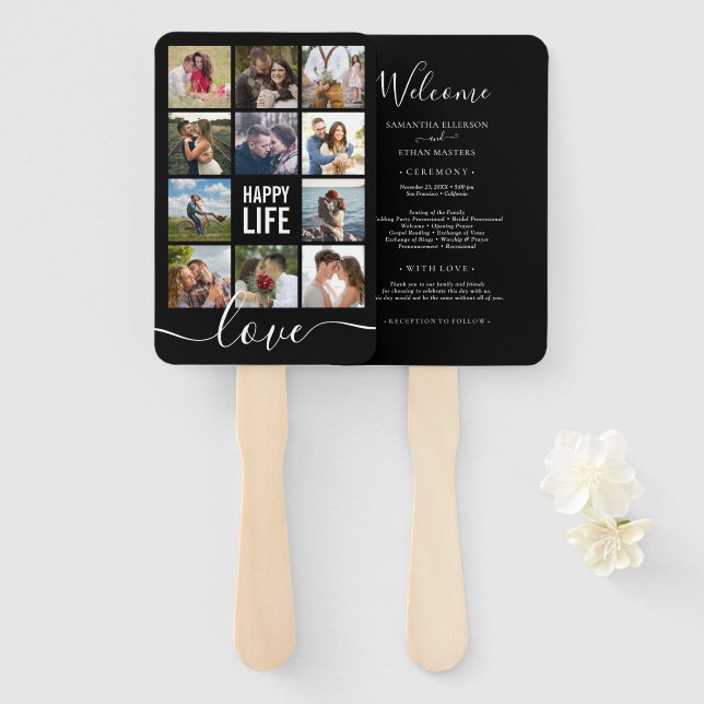 Foto Collage Black Wedding Program Hand Fan Fächer (Vorne und Hinten)