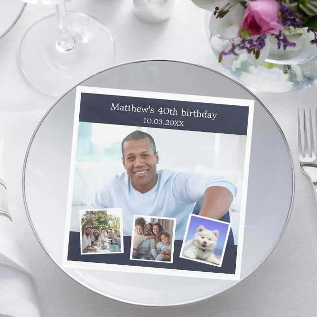 Foto Collage Blue White Geburtstagsparty Serviette (Von Creator hochgeladen)