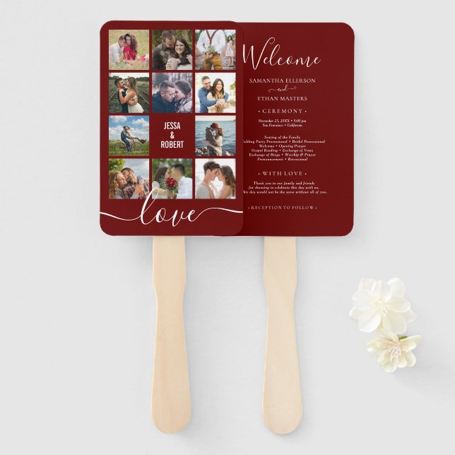 Foto Collage Cranberry Red Wedding Program Hand F Fächer (Vorne und Hinten)