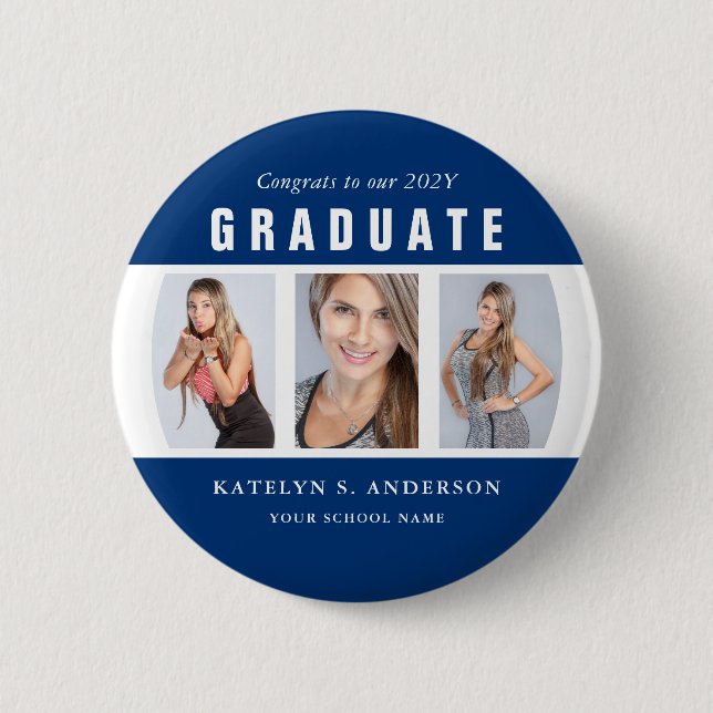 Foto Collage Custom Blue and White Abschluss Button (Vorderseite)