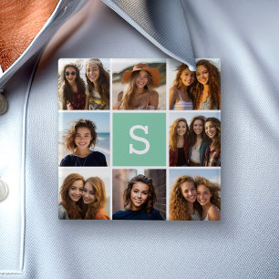 Foto Collage Custom Monogram Minze Green Button