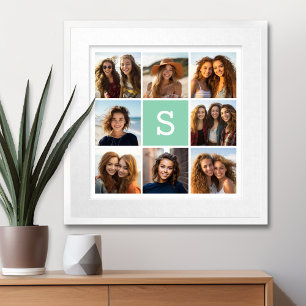 Foto Collage Custom Monogram Minze Green Poster
