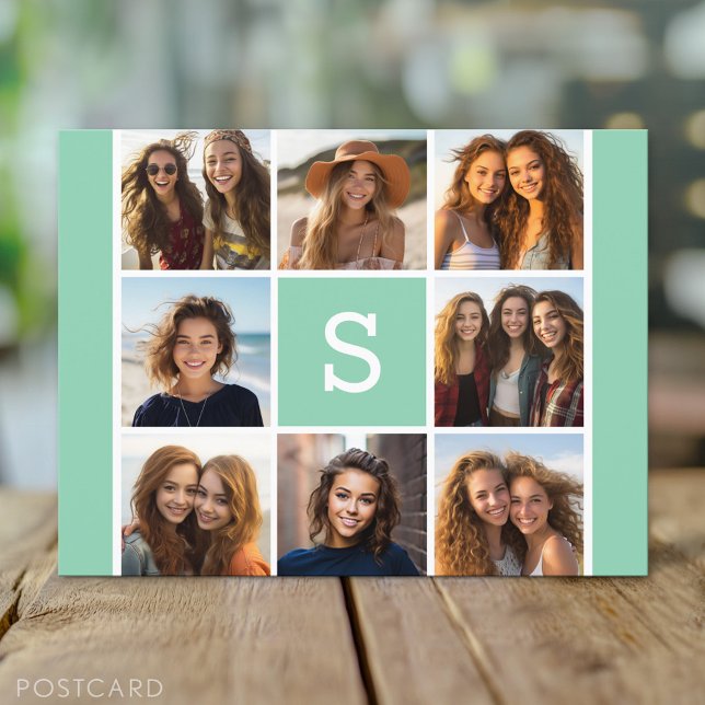 Foto Collage Custom Monogram Minze Green Postkarte (Custom Personalized Photo Collage Postcard)