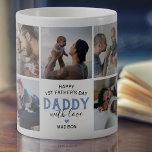 Foto Collage des ersten Vaters Kaffeetasse<br><div class="desc">Niedliche väterliche Tasse mit 9 Fotos,  die Sie durch Ihr eigenes ersetzen können,  das Sprichwort "Happy 1st vater day daddy",  ein Herz und den Babynamen.</div>