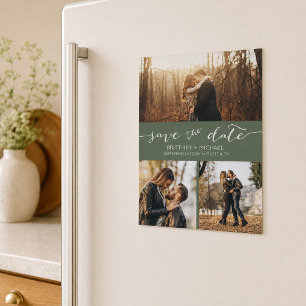 Foto-Collage Dunkles Salbei Einfache Save-the-Date Magnetkarte