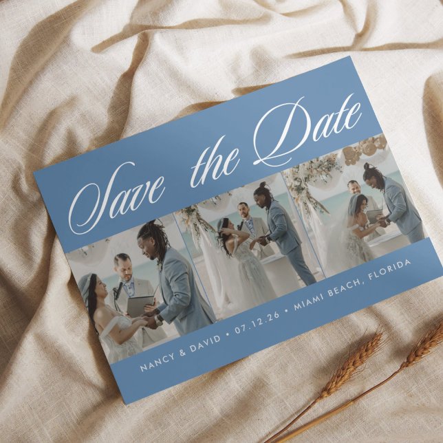 Foto-Collage Dusty Blue Strandhochzeit Save The Date (Von Creator hochgeladen)