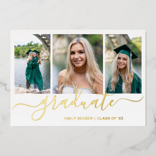Foto Collage Elegante Script Graduation Party Gold Folieneinladung