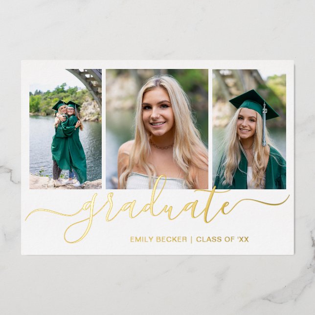 Foto Collage Elegante Script Graduation Party Gold Folieneinladung (Vorderseite)