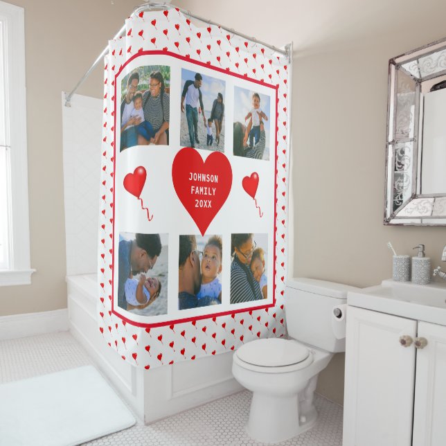 Foto Collage Familie Personalisiertes Valentinherz Duschvorhang (Beispiel)